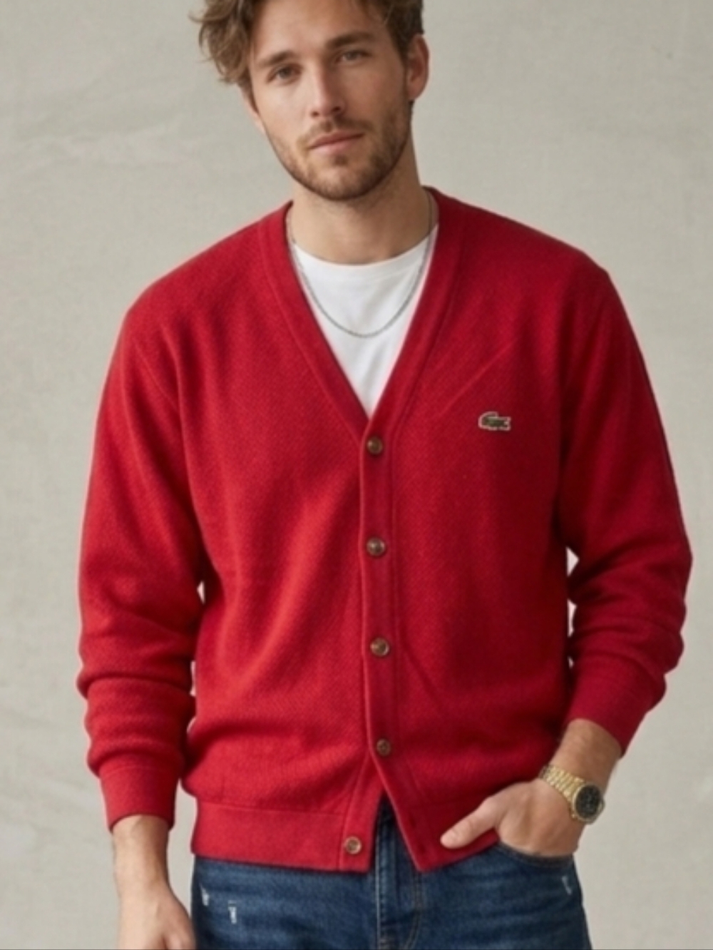 Lacoste Red Cardigan Crocodile Logo Preppy Classic Vintage 80s Grandpacore